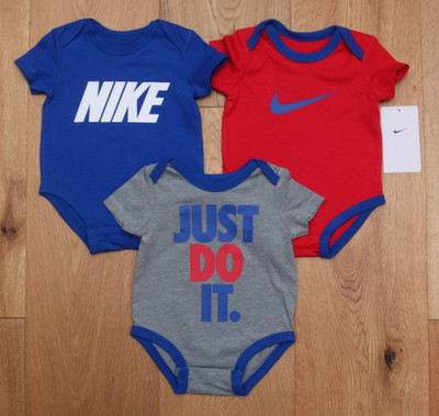 Nike Baby Boy 3 Piece Bodysuit Set ~ Blue, Red & Gray ~