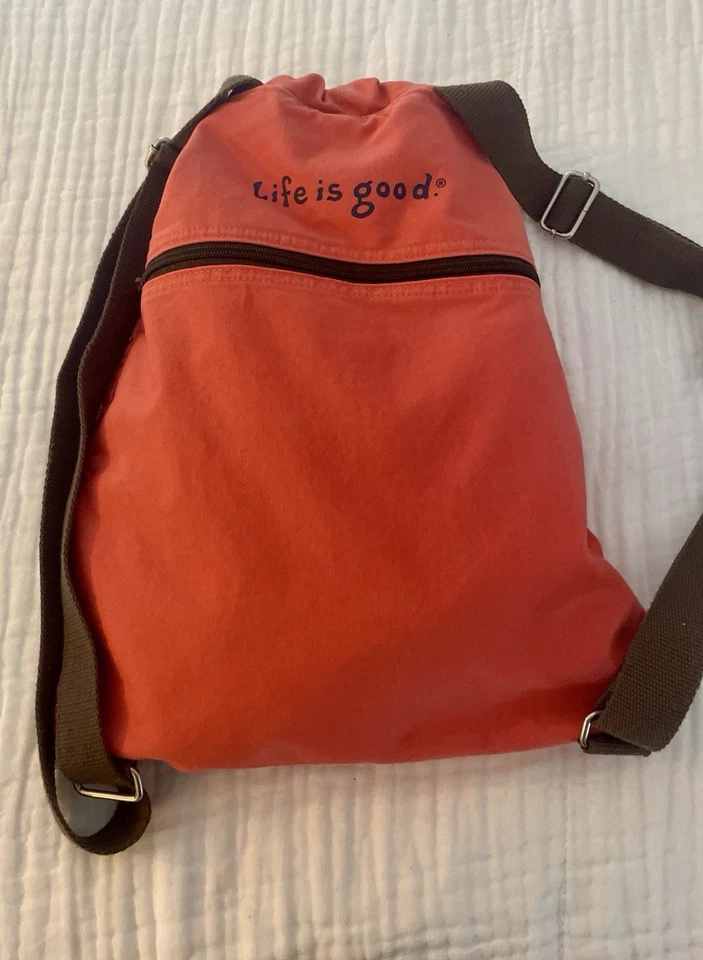 Life Is Good Orange Canvas Backpack Flip Flop Design Back Pocket drawstring - Image 3 of 4