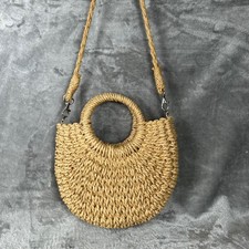 Tan Woven Straw Crescent Crossbody Bag Circle Handle Summer Beach Purse