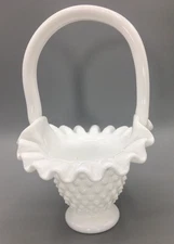 Small 6" White Milk Glass Hobnail Basket Applied Handle & Ruffled Rim Vintage