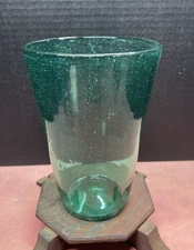 Vintage Teal Blenko ? Blown Glass 7" Bucket Vase Bubbles Pontil Scar Mid-Century