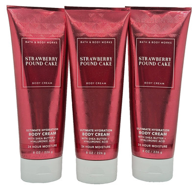 NEW Bath Body Works Lot of 3 Tubes Strawberry Pound Cake Body Cream Lotion 8 oz
