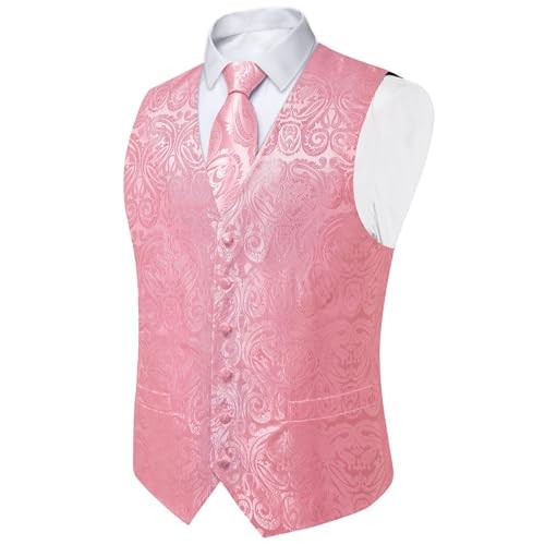 Mens Paisley Vest Tie Set with Lapel Pin Tie Clip 7PCS Silk Large Blush Pink - Picture 3 of 5