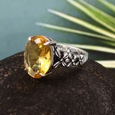 925 Sterling Silver Rose Cut Yellow Citrine Gemstone Jewelry Ring US All Size 