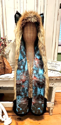 SpiritHoods Teal Red Fox Wolf  Spirit Hood Rave Hat Faux Fur Scarf Turquoise 