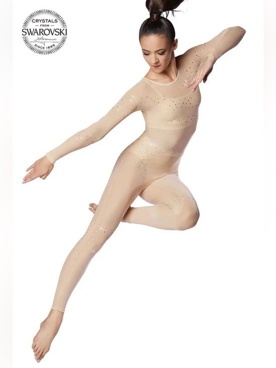 Weissman Performance Swarovski Nude Sheer Crystal-Embellished Unitard NEW Large image 8