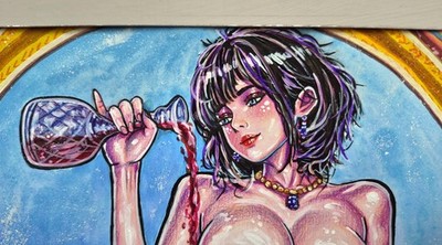 Original Hand Painted A4 Couple Fantasy Art Man & Woman Love Sensual Wine Scene