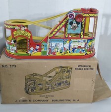 J-984 VINTAGE 1950'S J CHEIN TIN LITHO WIND UP DISNEYLAND ROLLERCOASTER 