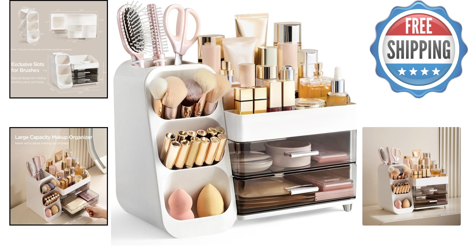 Makeup Organizer with Brush Holder for Vanity, Large Plastic Bathroom Countertop