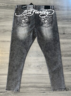 Ed Hardy Slim Tapered Embroidered Roaring Tiger Distressed  Jeans Mens Sz 40x30