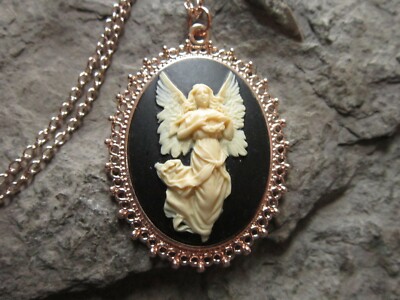 ASCENDING ANGEL CAMEO ROSE GOLD TONE NECKLACE - RELIGIOUS - HANDMADE