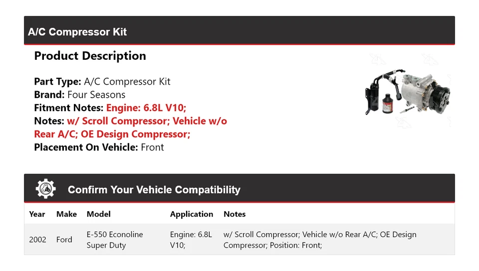 Kit de compresor de aire acondicionado delantero 4 estaciones Ford E-550 Econoline Super Duty 2002 Foto 2 de 4
