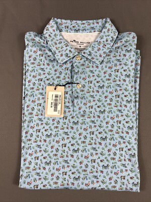 Peter Millar Golf Shirt Polo Seaside Sleeve Logo Party Parrots Print Medium Blue