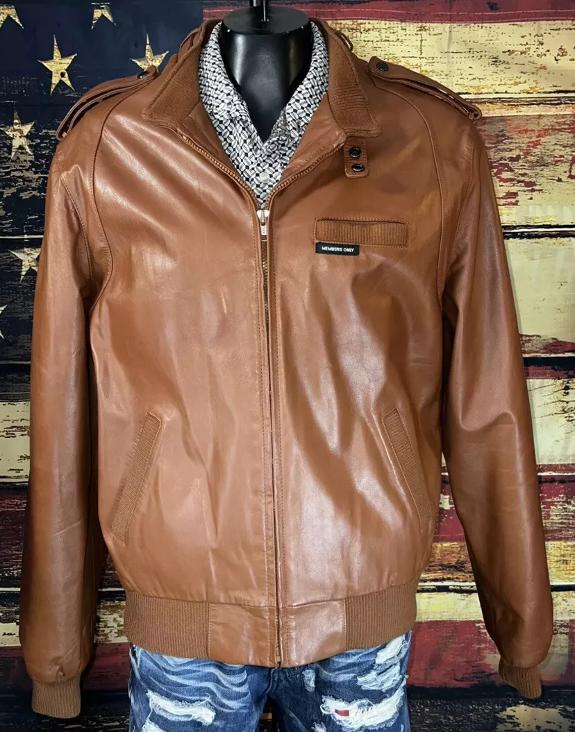 Members Only Men's Faux Leather Iconic Racer Jacket (Dark Brown, Medium) at   Men's Clothing store