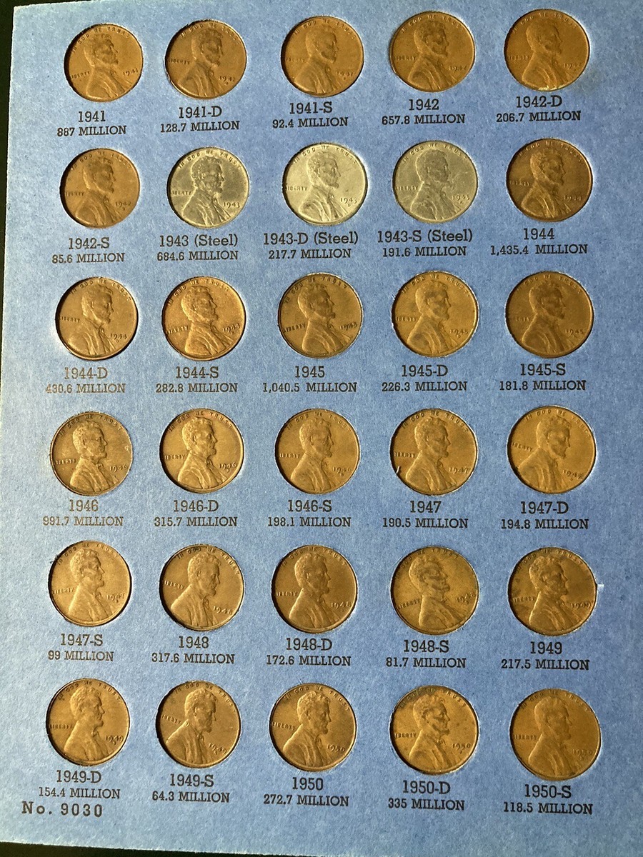 [アメリカ]1941年からのリンカンヘッドセント のコレクション発行枚数情報付き Lincoln Head Cent Collection 1941 - 1964 Whitman Blue Book Number