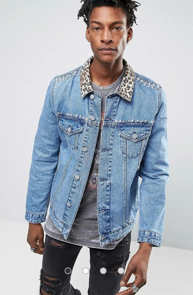 ASOS 男式 S 纽扣牛仔 L/S 夹克豹纹领镶嵌蓝色水洗 — 第 2/4 张图片