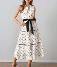 Elegant Women's New Fashion Sleeveless Lapel Polka Dot Dress Belted A-line Party