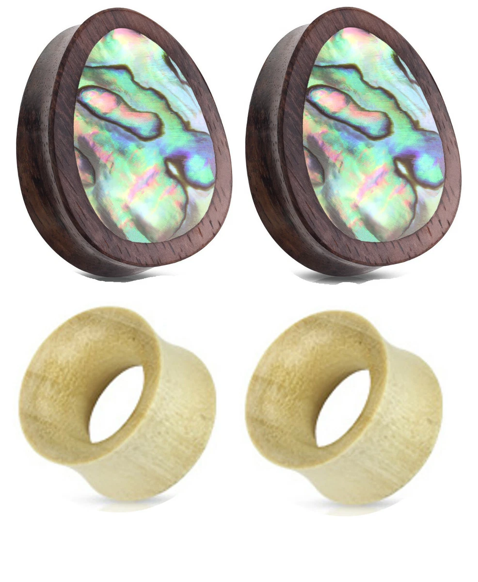 2 Pair Abalone Shell Inlay Teardrop Plugs and Wood Tunnels Ear