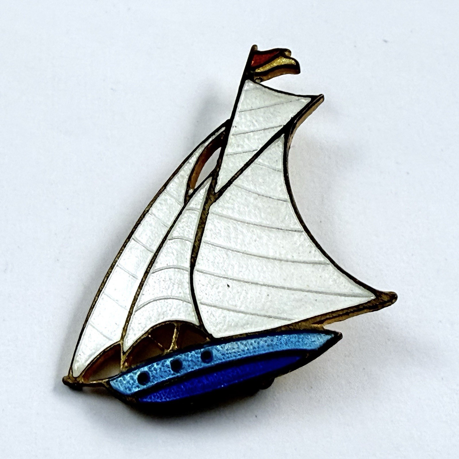 Vintage Guilloche Enamel Sailboat Lapel Pin Brooch