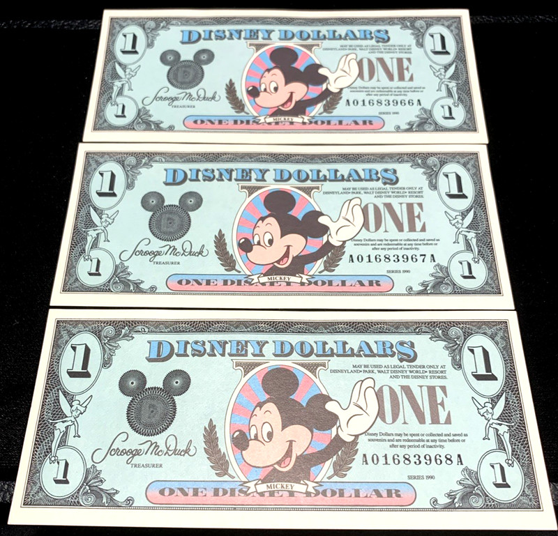 3 SEQUENTIAL 1990 Disney Dollars $1 Mickey Mouse - Choice UNC-Series A Run, L-18