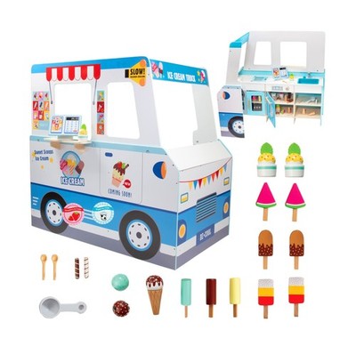 Ice Cream Truck Wooden Playset- 20 Fun Toy Pieces Including Freezer, Steering...