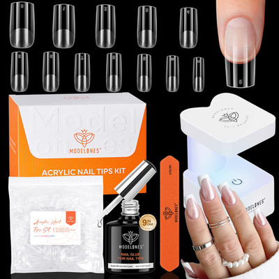 X Nail Gel Kit Medium Square, 9-In-One Nail Glue with Mini UV Light 216Pcs 12Siz