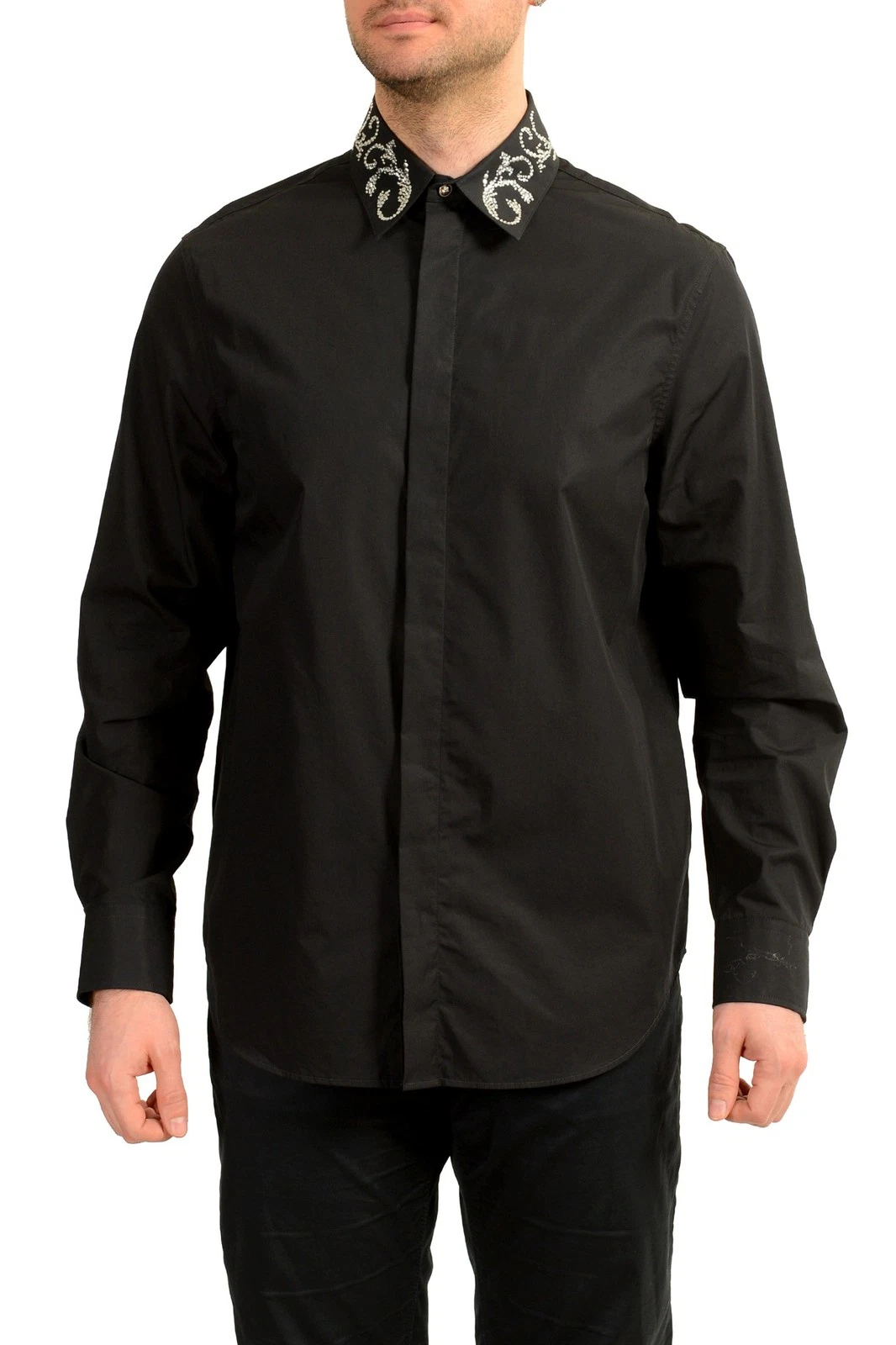 Versace — Versace Men's Black & Silver Collar Embellishments Long Sleeve Shirt US L IT 52