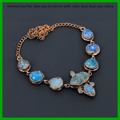 Copper Natural Blue Druzy Aquamarine Rough Electroformed Chain Mother Necklace