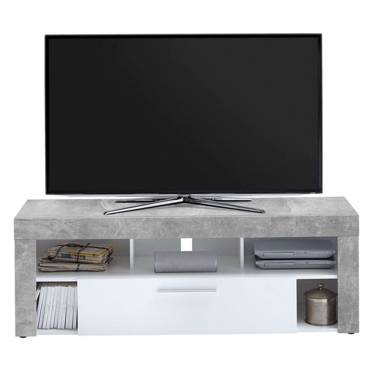 Meuble TV gris de 150cm avec tiroir Biotin pour salon contemporain