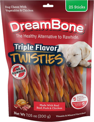 Triple Flavor Twisties, 25 Count, Rawhide-Free Dog Chews Made with Real Beef, Po