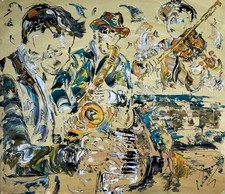 Peinture Tableau Musiciens Piano Saxophone Violon 60x70cm Original Neuf Jazz