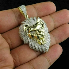 REAL Moissanite Round Cut Lion Head Pendant for Men's 14k Yellow Gold Plated