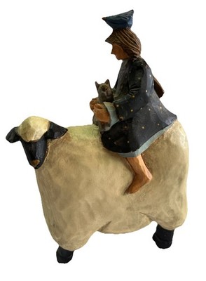 Williraye Studio a Folk Art Girl with Cat Riding Sheep 1997 5.5''