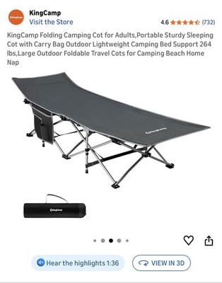KingCamp Camping Cot Adult Portable Bed 264lb Capacity Carry Bag Folding