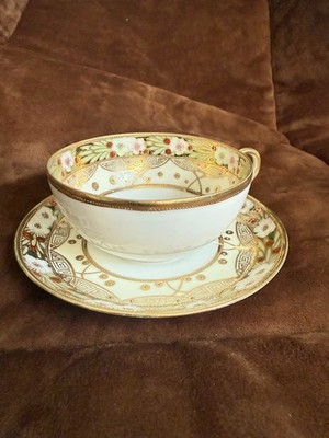 Mustache Tea Cup and Saucer Nippon Noritake Hand Painted Antique