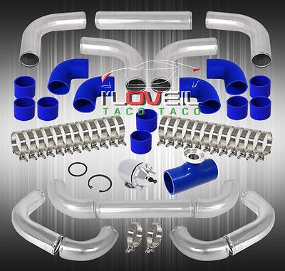 Universal 3-Inch 12-Piece Chrome Aluminum FMIC Piping Kit With Blue Silicone Couplers