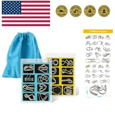 Metal Wire Puzzle Set of 16 with Pouch,Brain Teaser IQ  Disentanglemen Iron L...