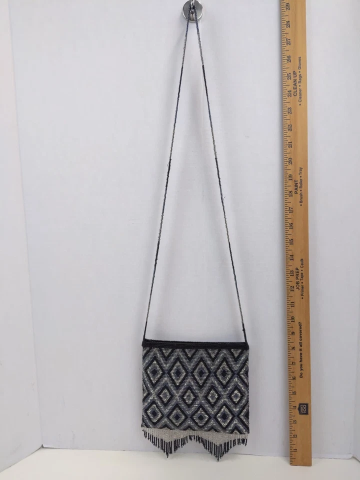 Винтажный бисером вечер сумка черный серебряный геометрический бриллиант узор бахрома сумочка - Изображение 2 из 4