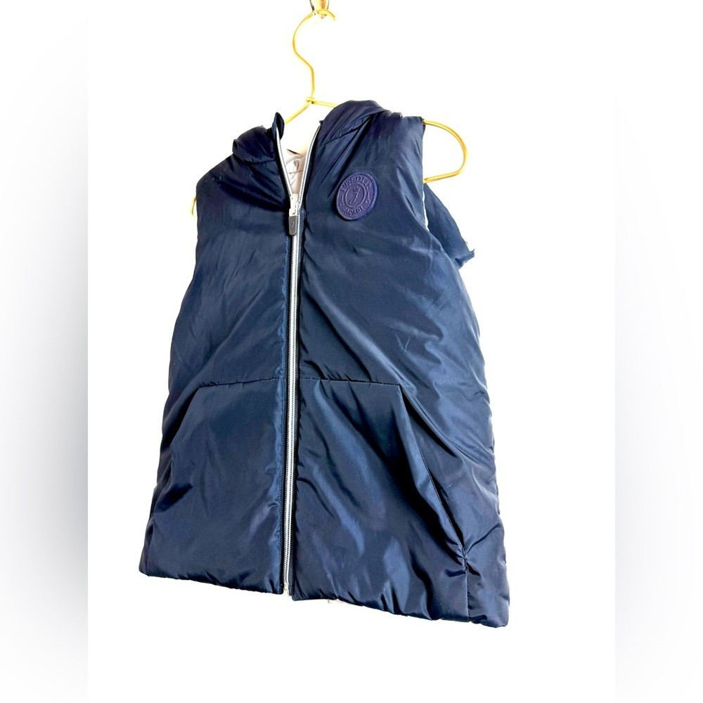 Jacadi Boys Navy Kids Reversible Vest Hooded Winter Fall School Cozy image 2