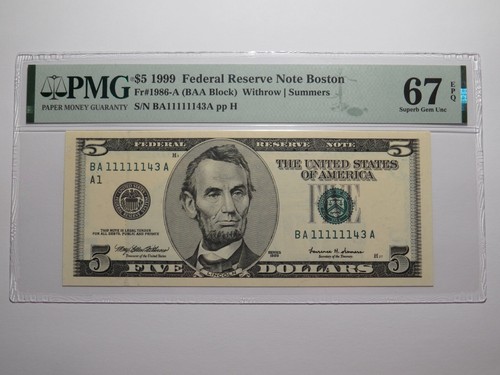 $5 1999 Fancy Near Solid Serial Number Federal Reserve Bank Note Bill #11111143