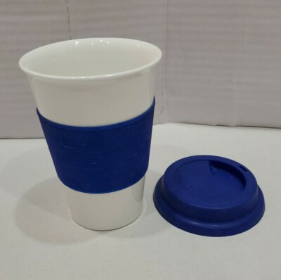 White Blue Tumbler COFFEE Travel Mug 12 Oz Stoneware Cup Silicone Lid &  Grip | eBay