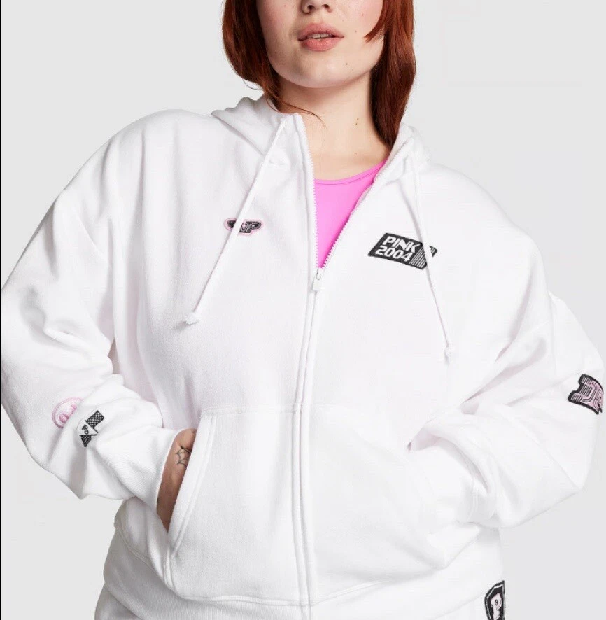 UNDERCOVER FELPA CON CAPPUCCIO VICTORIA'S SECRET ROSA RELAXED FULL ZIP L NUOVA CON ETICHETTE ? BIANCA RACING OVERSIZE