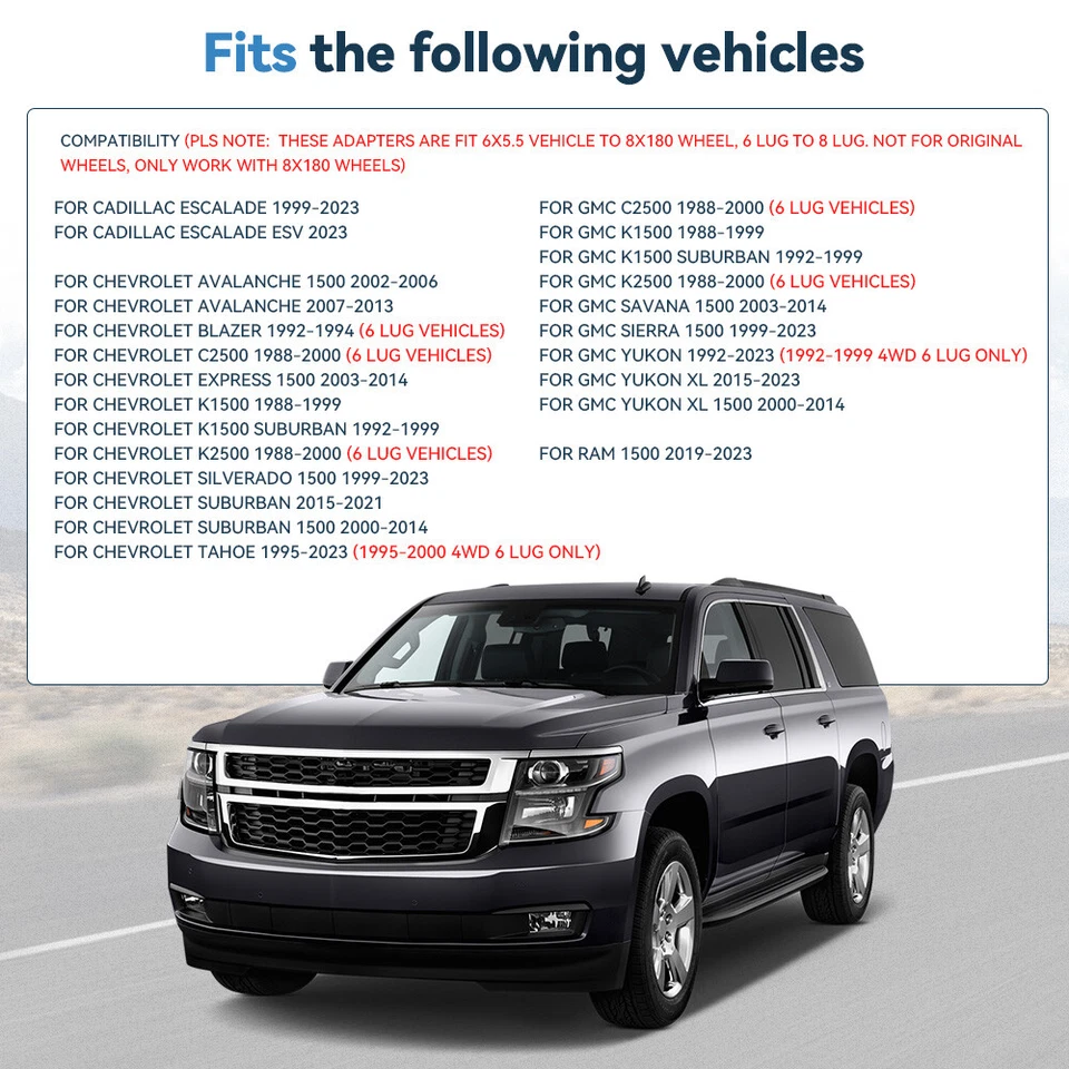 Adaptadores de roda 4 peças 2" 6x5,5 a 8x180 14x1,5 para rodas Chevy GMC 6 lugares a 8 lugares - Imagem 3 de 4