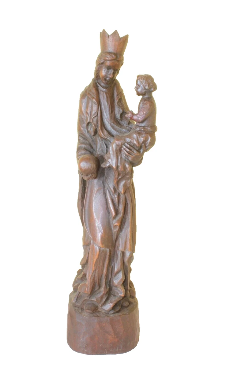 Antik Vintage Gotisch Madonna Jesuskind Weltkugel Skulptur Holz geschnitzt