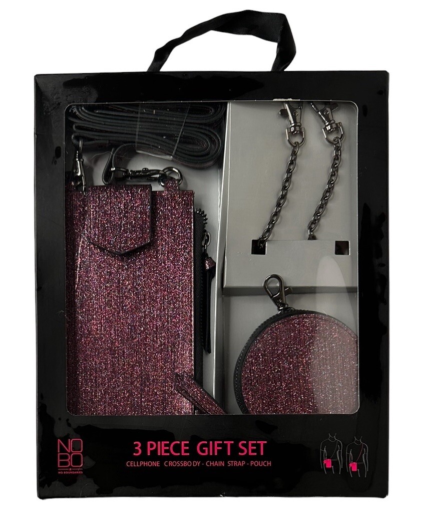 Pink Glitter Phone Crossbody Purse Set with Chain Strap & Pouch – 3 Piece