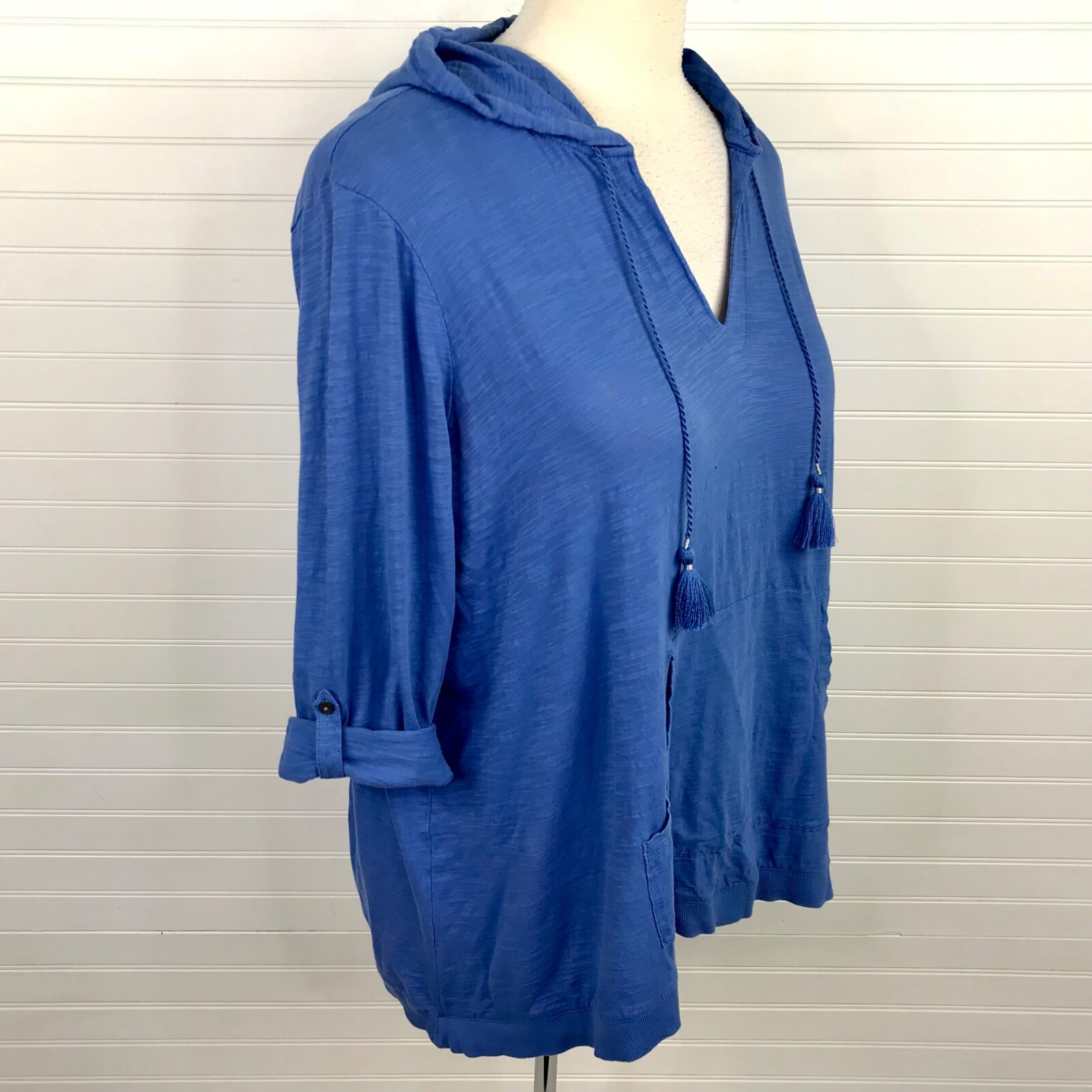 J Jill Tabsleeve Knit Hoodie Tunic Top Shirt 2X Blue Soft Stretch Long