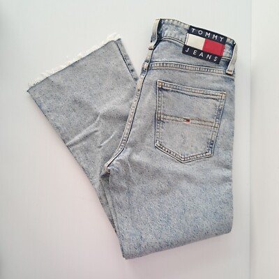 Tommy Jeans Womens Crop Flare Pale Distresd Blue Jeans Unique Stitch Mid Rise 25