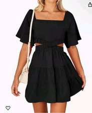 Shy Velvet Square Neck Openwork Backless Little Black Dress Sexy Large 