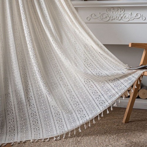 Boho Tassel Crochet Curtain Geometry Striped Knitted Lace Hollowed-out Home Deco - Picture 4 of 14