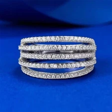 D/FL Natural Moissanite 14K White Gold Plated Five Rows Women's Engagement Ring